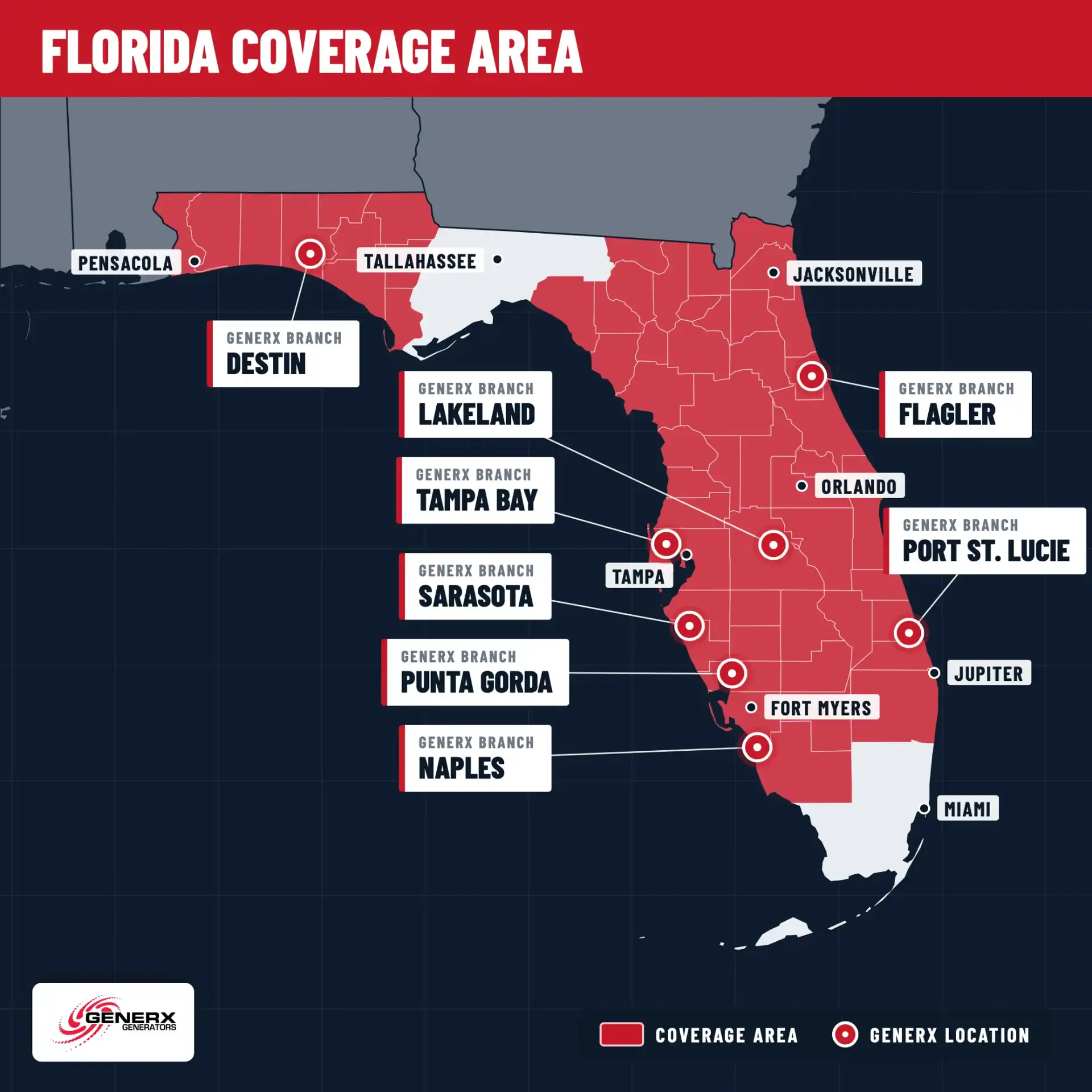 Florida coverage map: the state outside the Big Bend and the Miami area, with eight branches from Destin to Naples and Port St. Lucie.