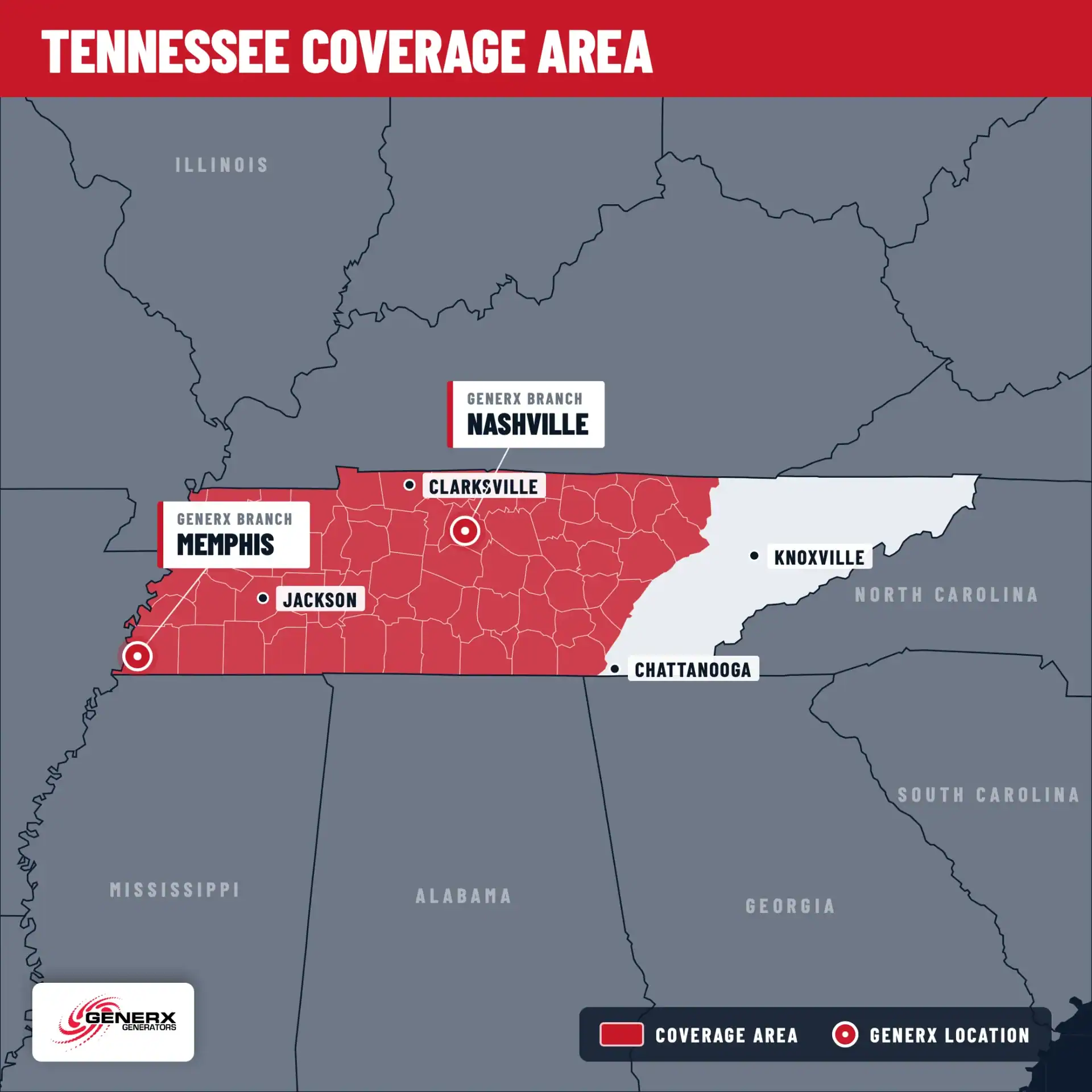 Tennessee coverage map: West and Middle Tennessee, including Jackson and Clarksville, with branches in Memphis and Nashville.